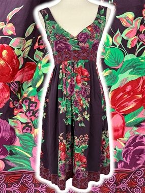 Tracy Reese 100% Silk Dress 2 Y2K Floral Roses Babydoll Empire Waist Purple Pink